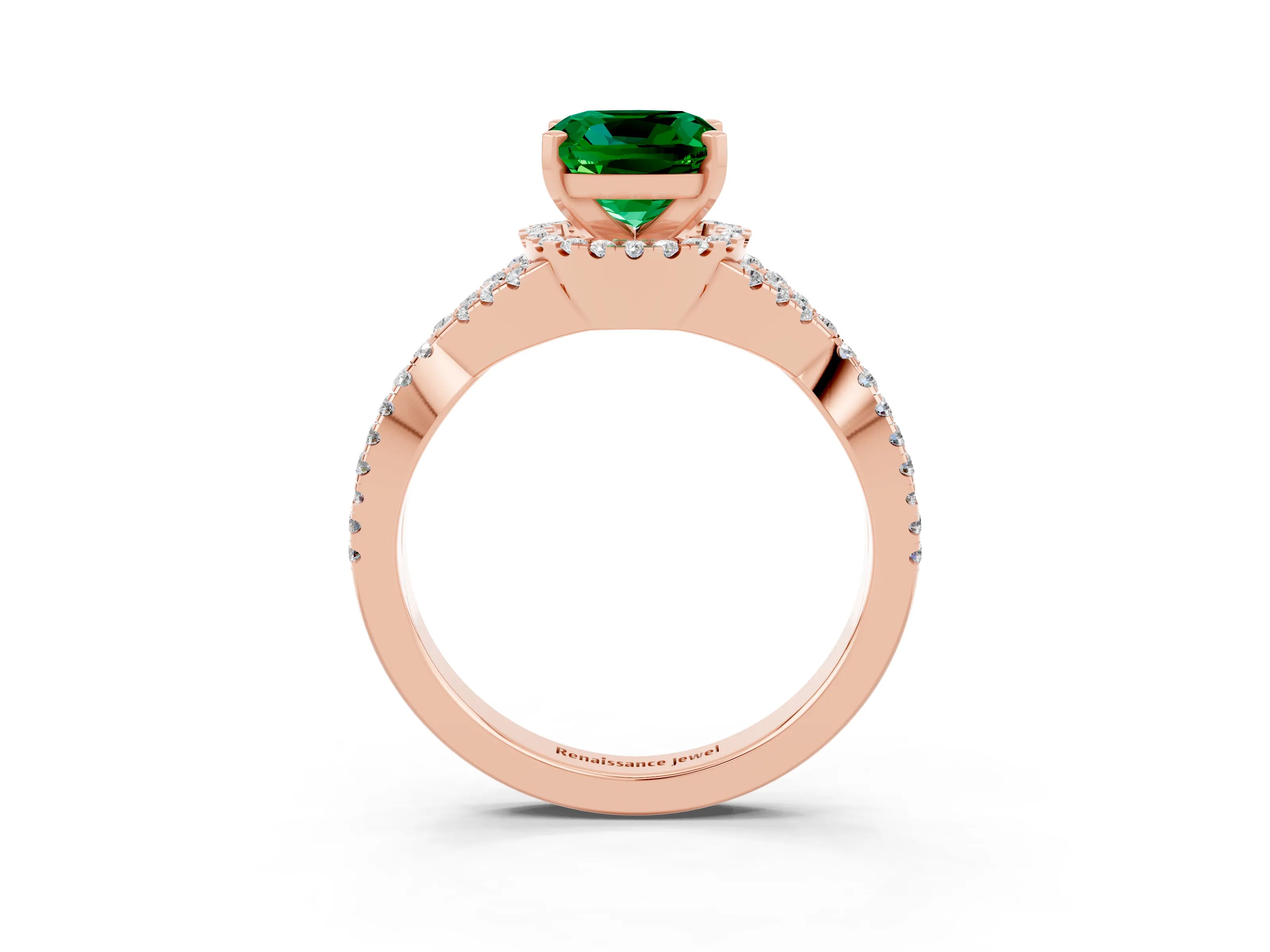 Rose gold Cushion Cut Emerald Halo Twist Band Solitaire Prong Setting Ring_3