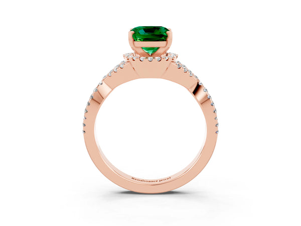Rose gold Cushion Cut Emerald  Halo Twist Band Solitaire Prong Setting Ring