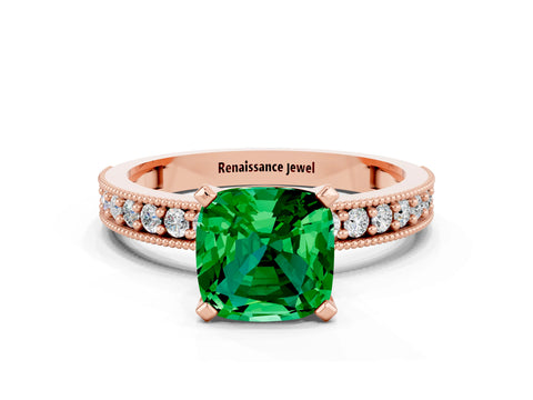 Rose gold Cushion Cut Emerald Milgrain Pavé Engagement Ring with Four-Prong Setting_12