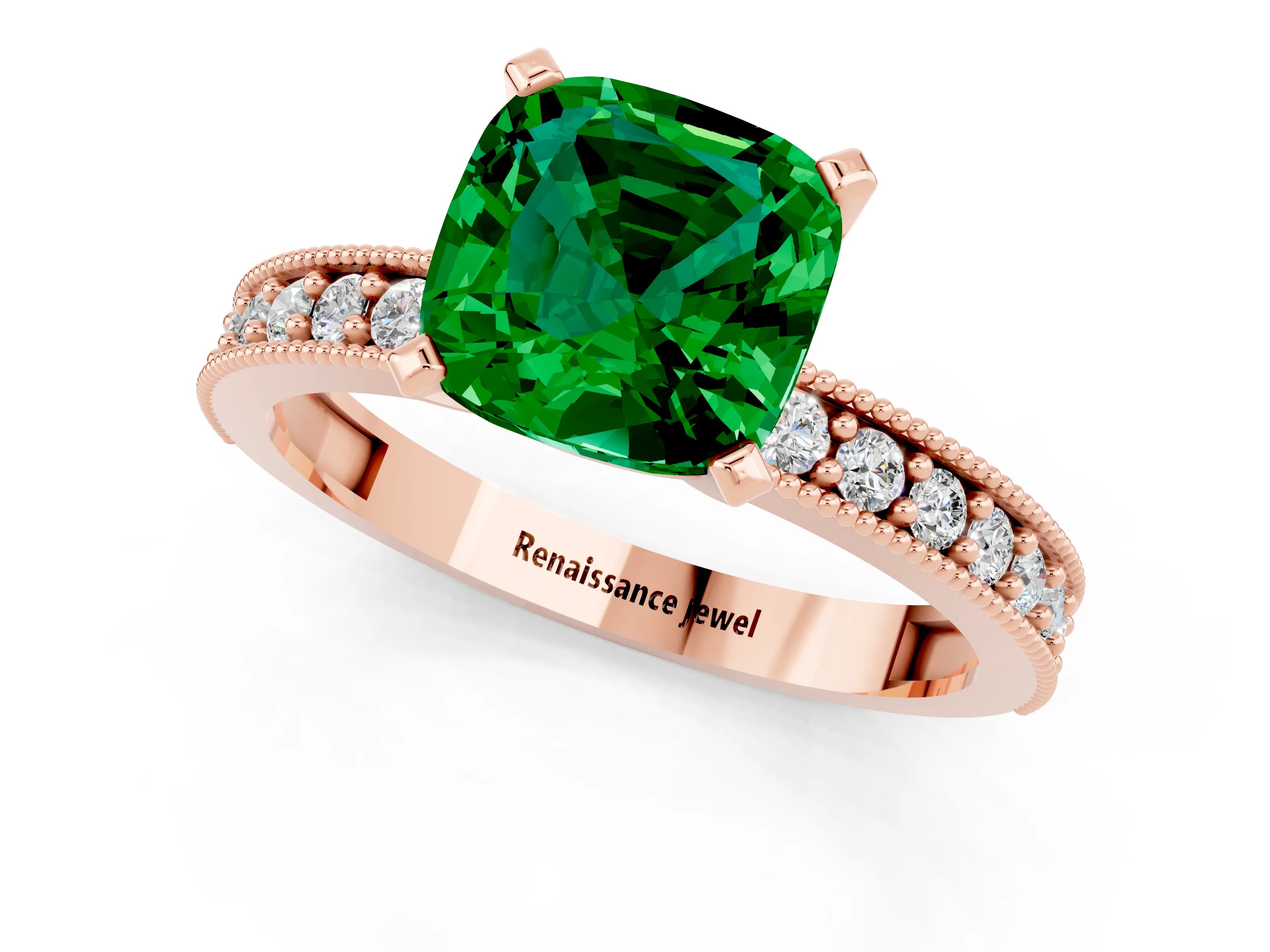Rose gold Cushion Cut Emerald Milgrain Pavé Engagement Ring with Four-Prong Setting_13