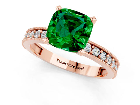 Rose gold Cushion Cut Emerald Milgrain Pavé Engagement Ring with Four-Prong Setting_13