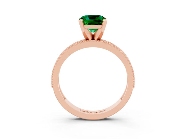 Rose gold Cushion Cut Emerald Milgrain Pavé Engagement Ring with Four-Prong Setting