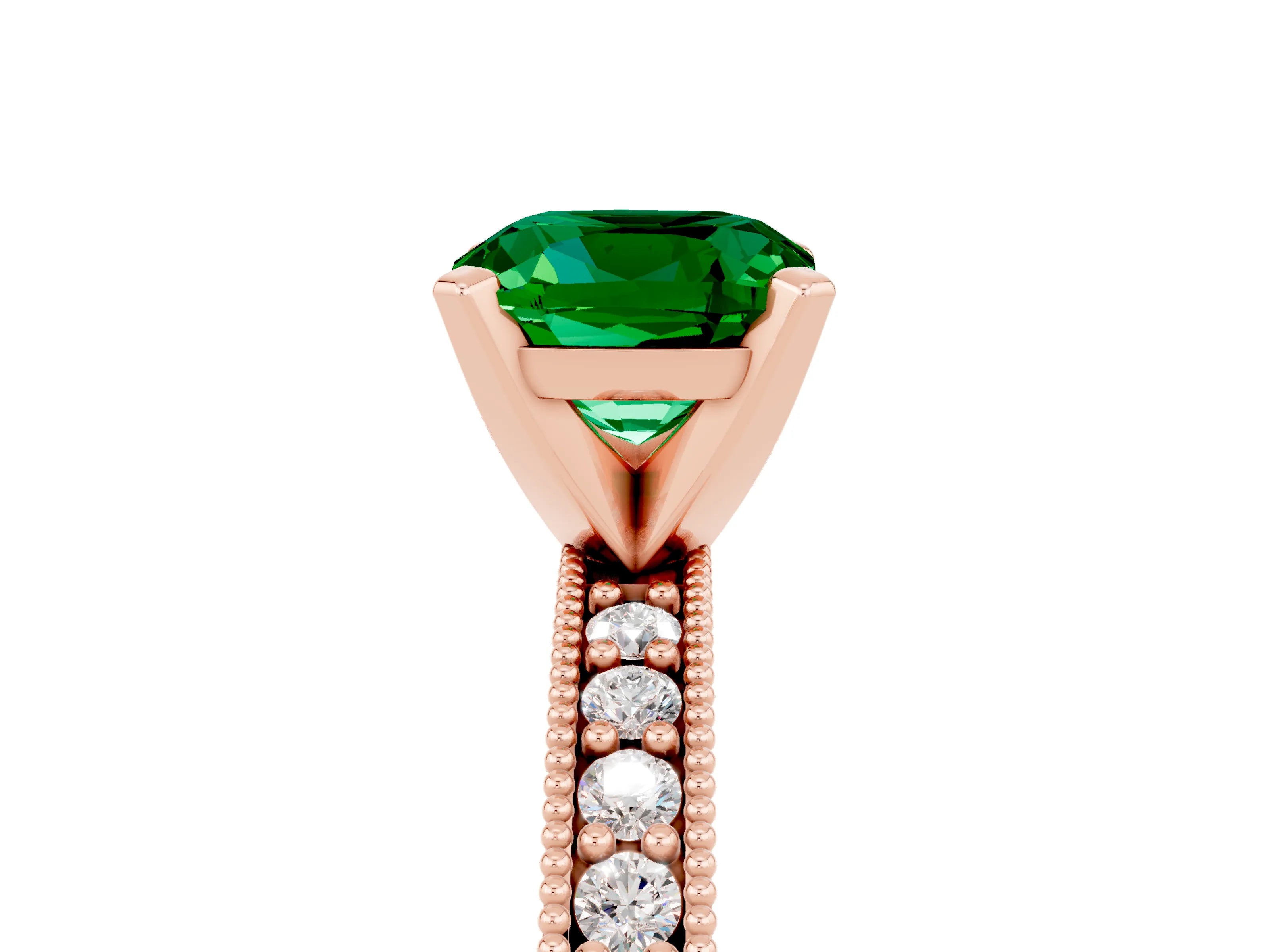 Rose gold Cushion Cut Emerald Milgrain Pavé Engagement Ring with Four-Prong Setting_17
