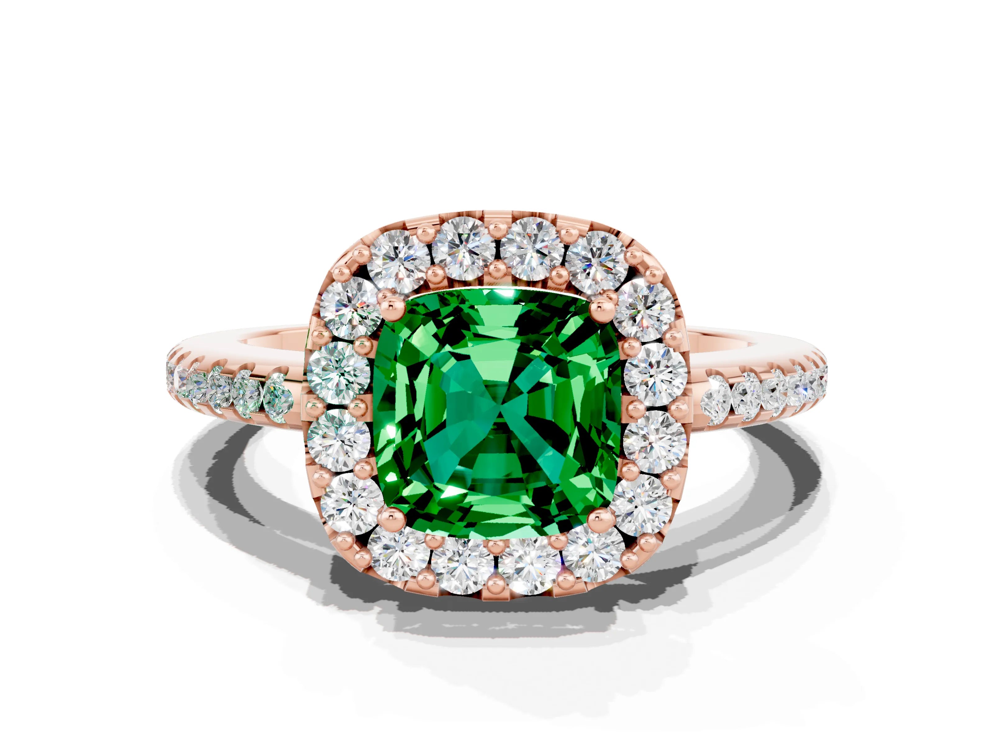 Rose gold Cushion Cut Emerald Pavé Halo Ring with Four-Prong Setting_12