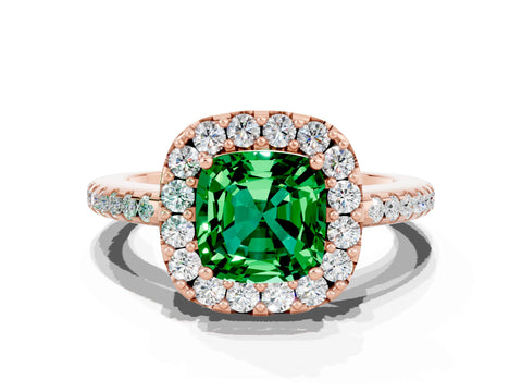 Rose gold Cushion Cut Emerald Pavé Halo Ring with Four-Prong Setting_12