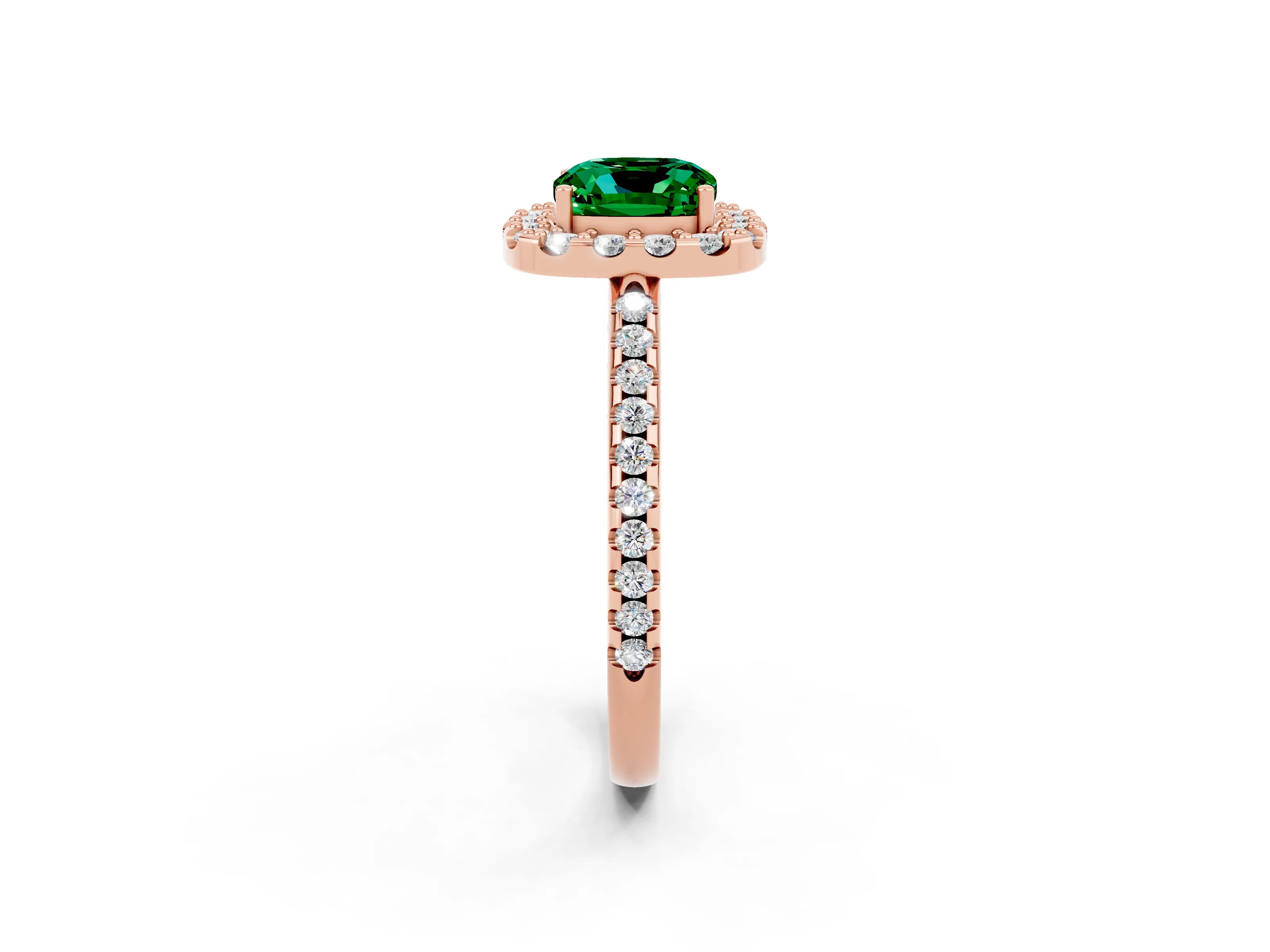 Rose gold Cushion Cut Emerald Pavé Halo Ring with Four-Prong Setting_14
