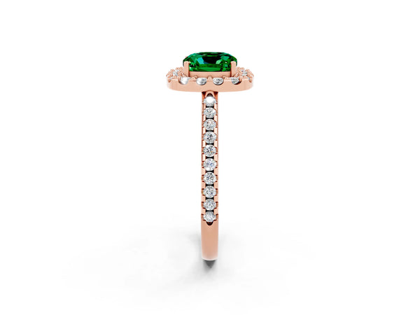 Rose gold Cushion Cut Emerald Pavé Halo Ring with Four-Prong Setting