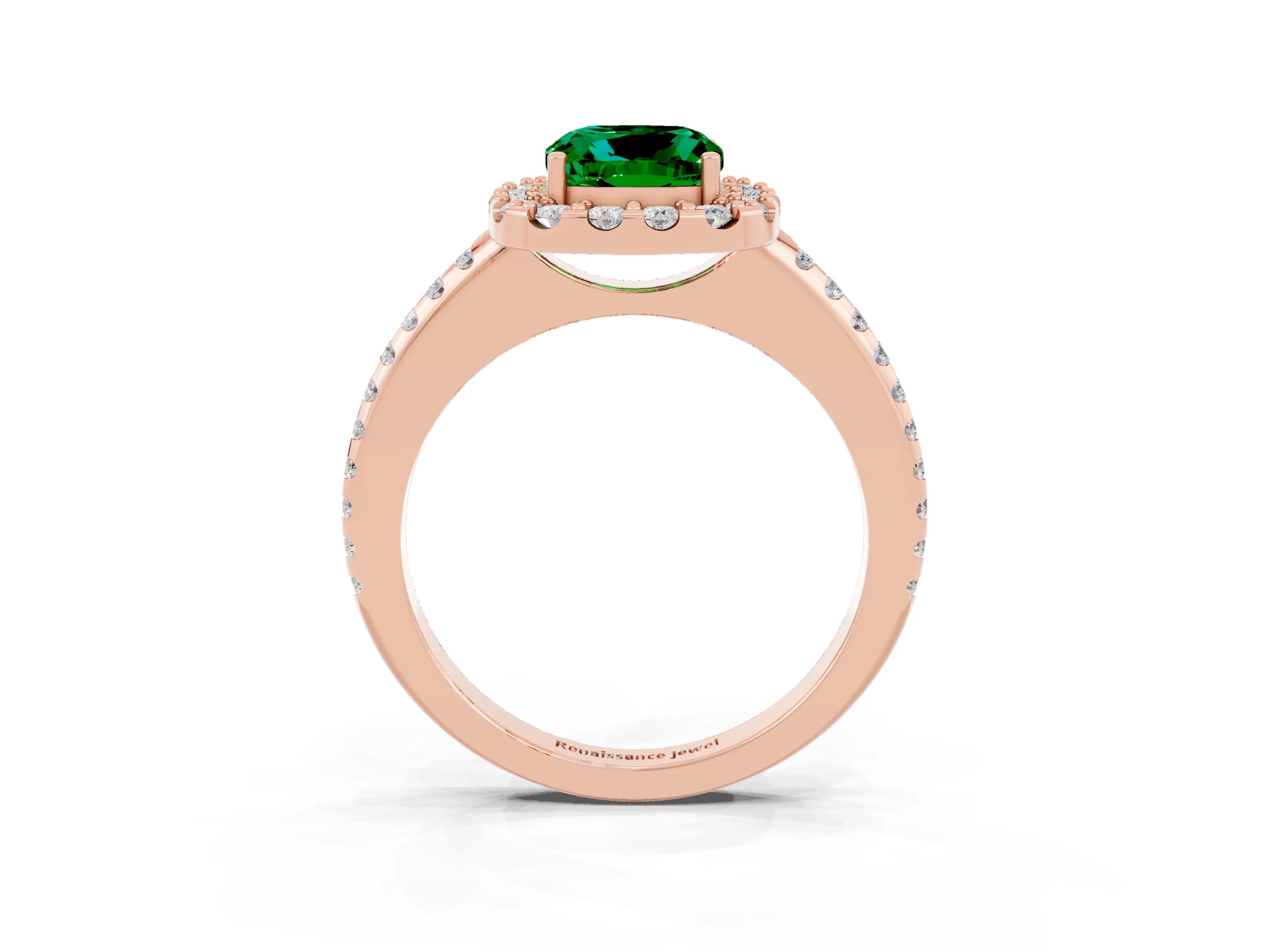 Rose gold Cushion Cut Emerald Pavé Halo Ring with Four-Prong Setting_15