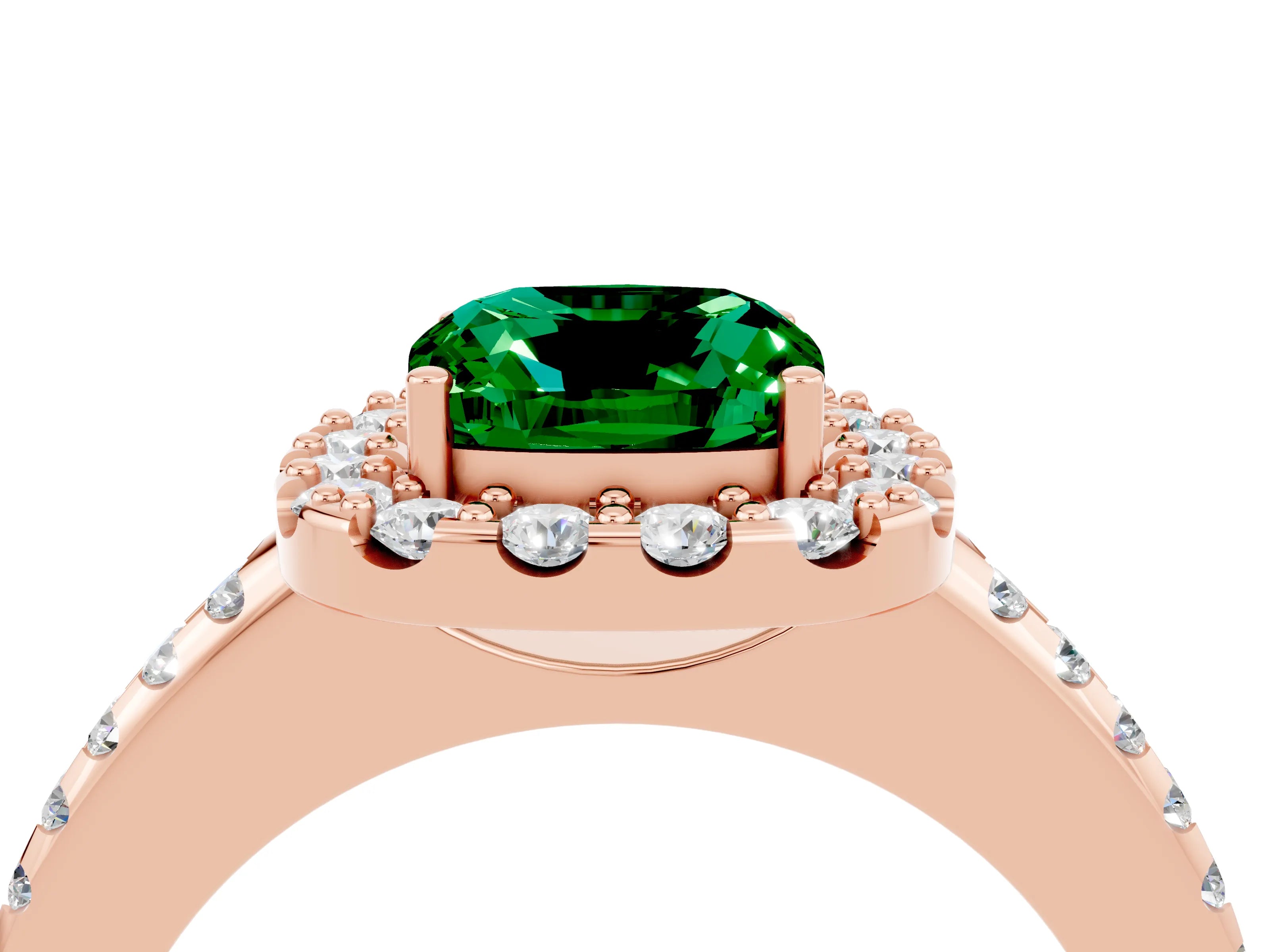 Rose gold Cushion Cut Emerald Pavé Halo Ring with Four-Prong Setting_16