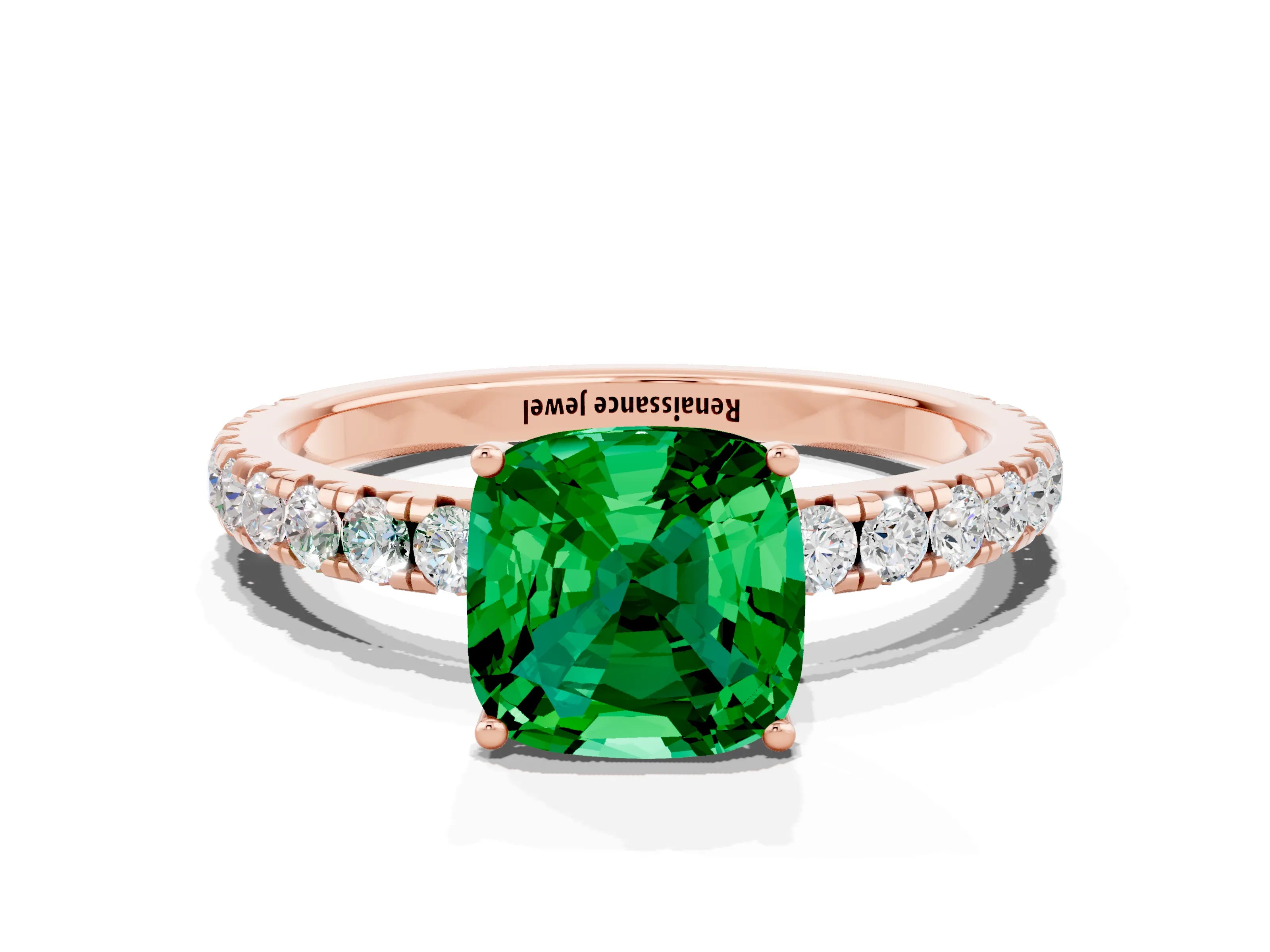 Rose gold Cushion Cut Emerald Pavé Solitaire Engagement Ring with Four-Prong Setting_12