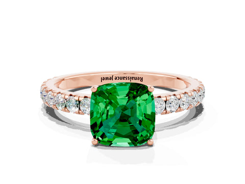 Rose gold Cushion Cut Emerald Pavé Solitaire Engagement Ring with Four-Prong Setting_12