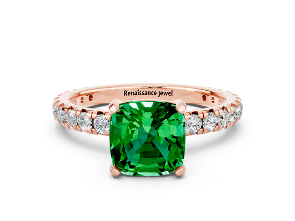 Rose gold Cushion Cut Emerald Pavé Solitaire Ring with Round Band and Prong Setting