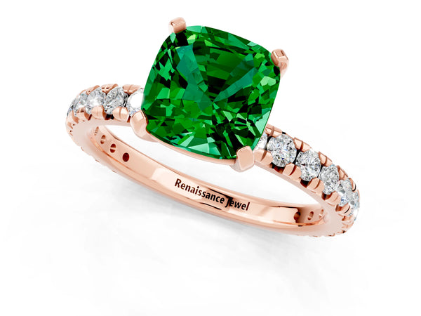 Rose gold Cushion Cut Emerald Pavé Solitaire Ring with Round Band and Prong Setting