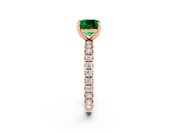 Rose gold Cushion Cut Emerald Pavé Solitaire Ring with Round Band and Prong Setting