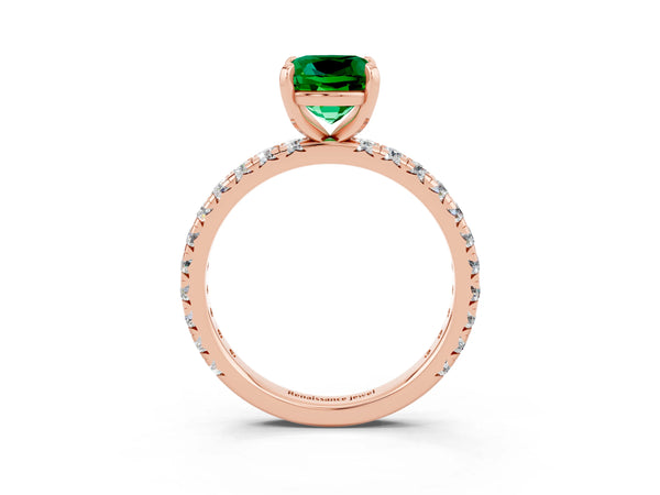 Rose gold Cushion Cut Emerald Pavé Solitaire Ring with Round Band and Prong Setting