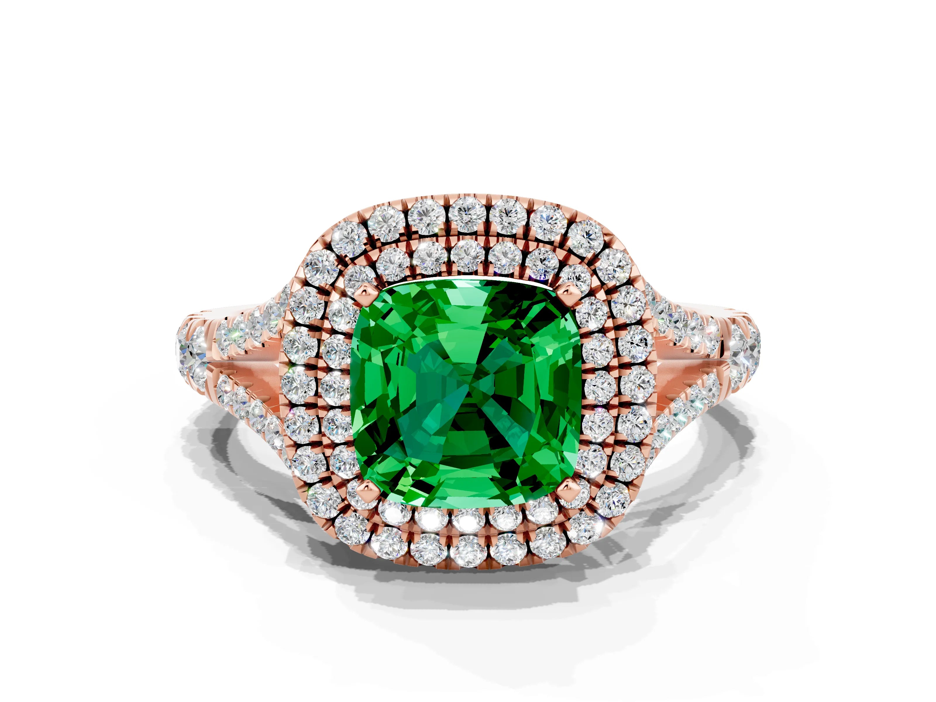 Rose gold Cushion Cut Emerald Pavé Split Shank Double Halo Engagement Ring