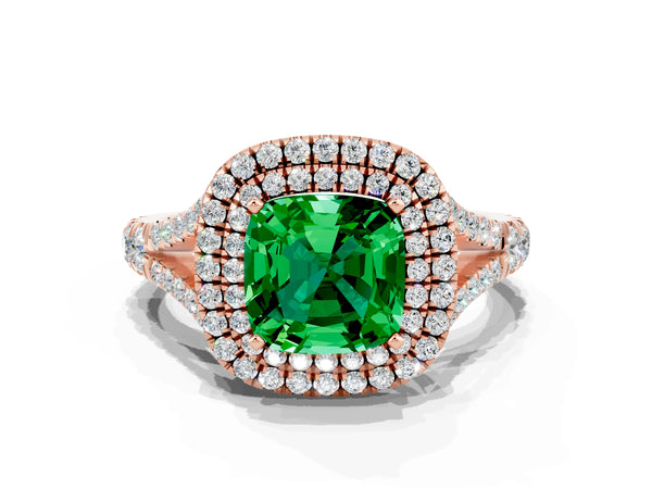 Rose gold Cushion Cut Emerald Pavé Split Shank Double Halo Engagement Ring