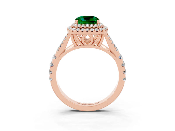 Rose gold Cushion Cut Emerald Pavé Split Shank Double Halo Engagement Ring