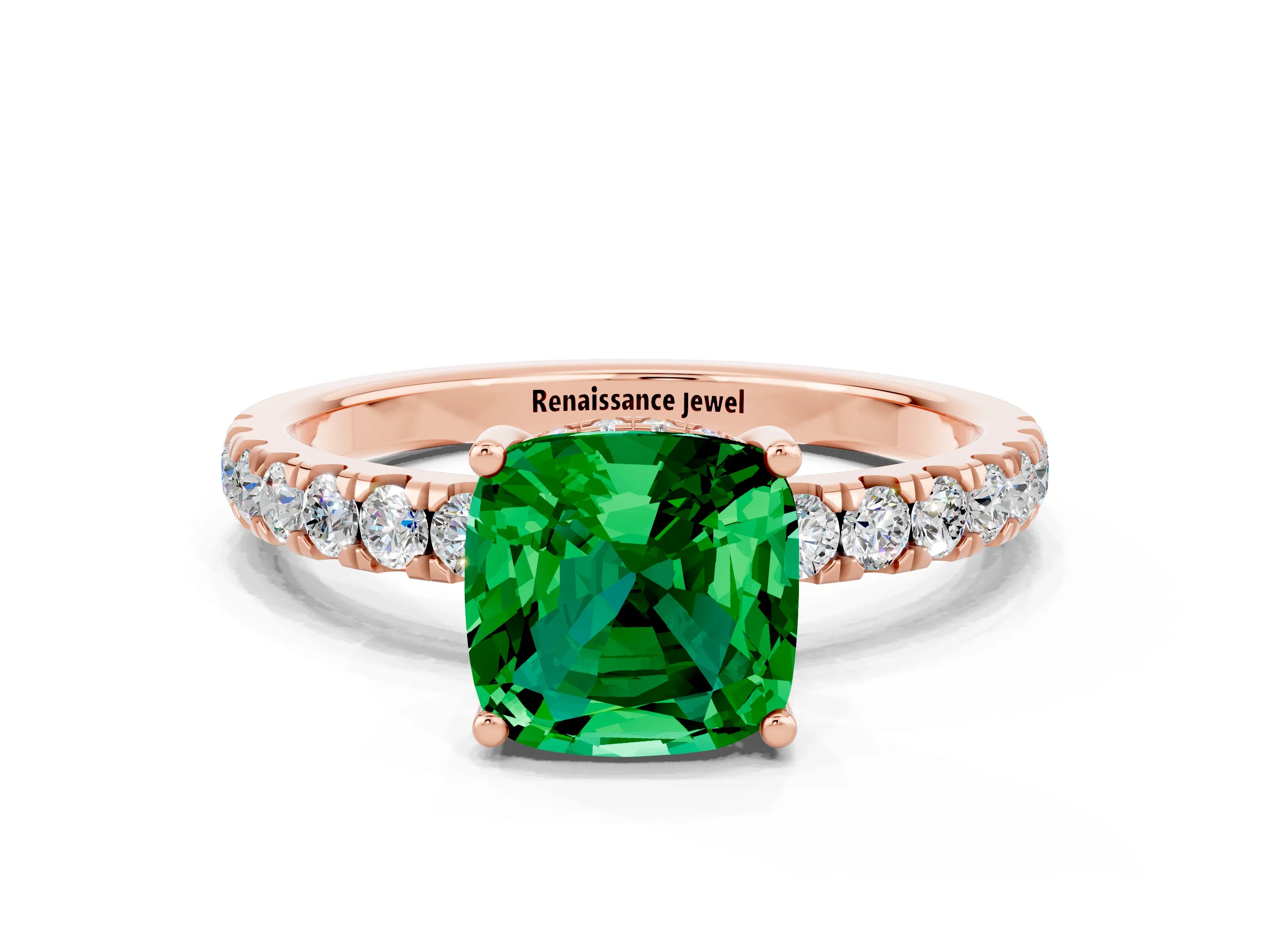 Rose gold Cushion Cut Emerald Pave Band Solitaire Ring with Four-Prong Setting_24