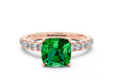 Rose gold Cushion Cut Emerald Pave Band Solitaire Ring with Four-Prong Setting_24