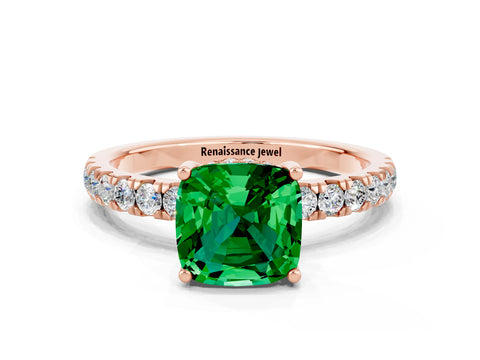 Rose gold Cushion Cut Emerald Pave Band Solitaire Ring with Four-Prong Setting_24