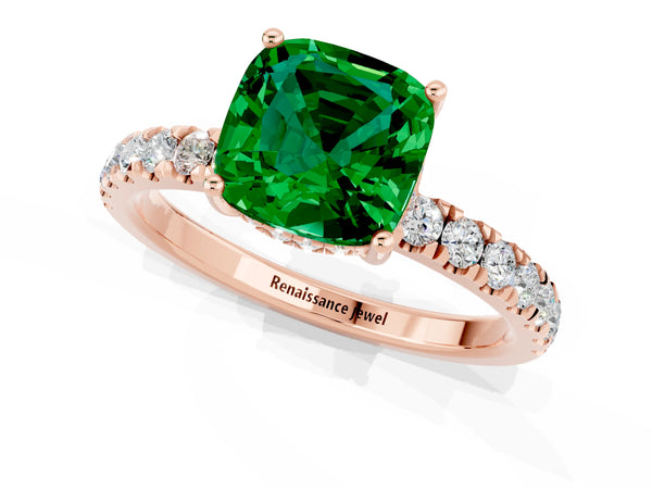 Rose gold Cushion Cut Emerald Pave Band Solitaire Ring with Round  and Prong Setting