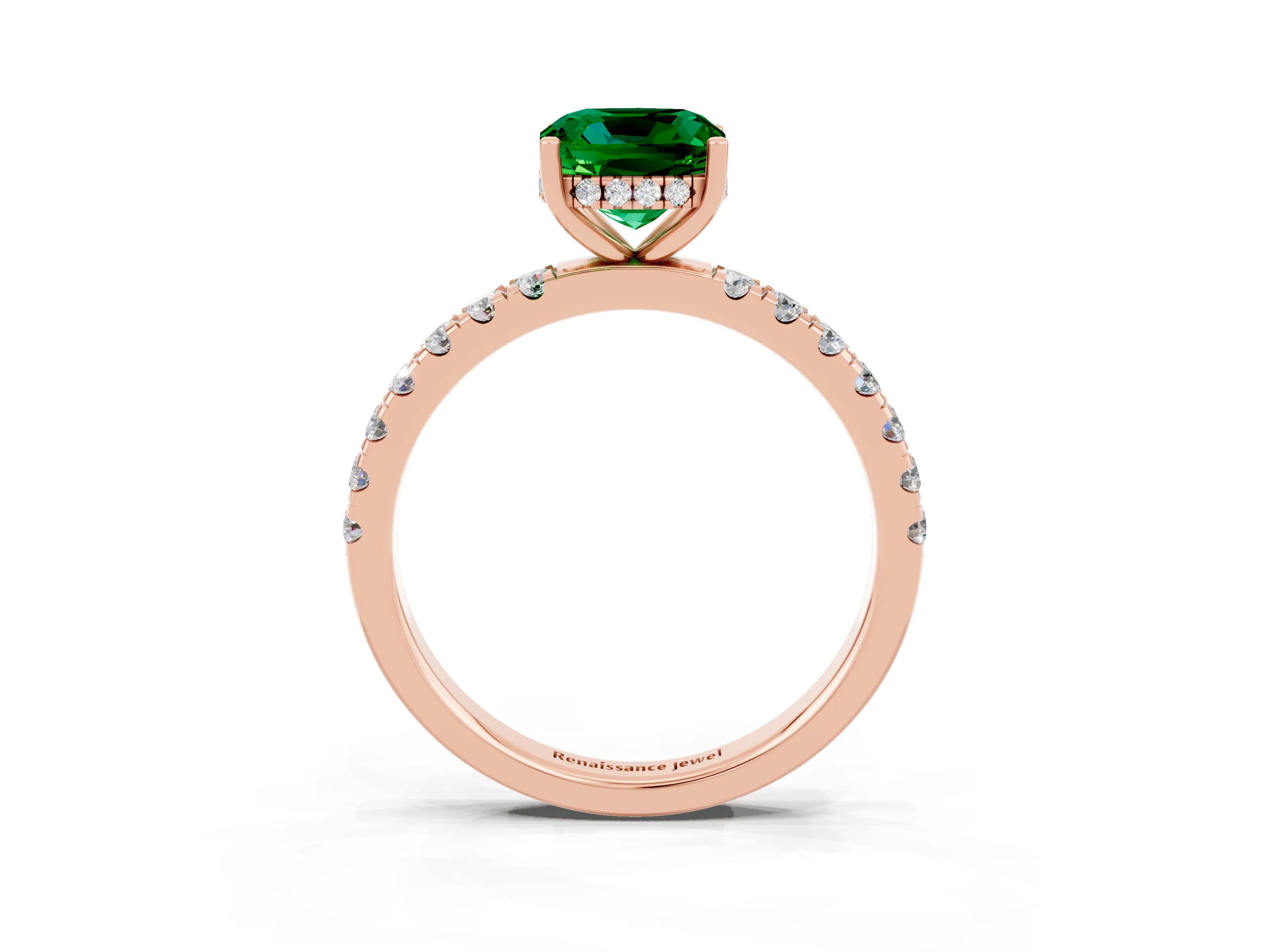 Rose gold Cushion Cut Emerald Pave Band Solitaire Ring with Four-Prong Setting_27