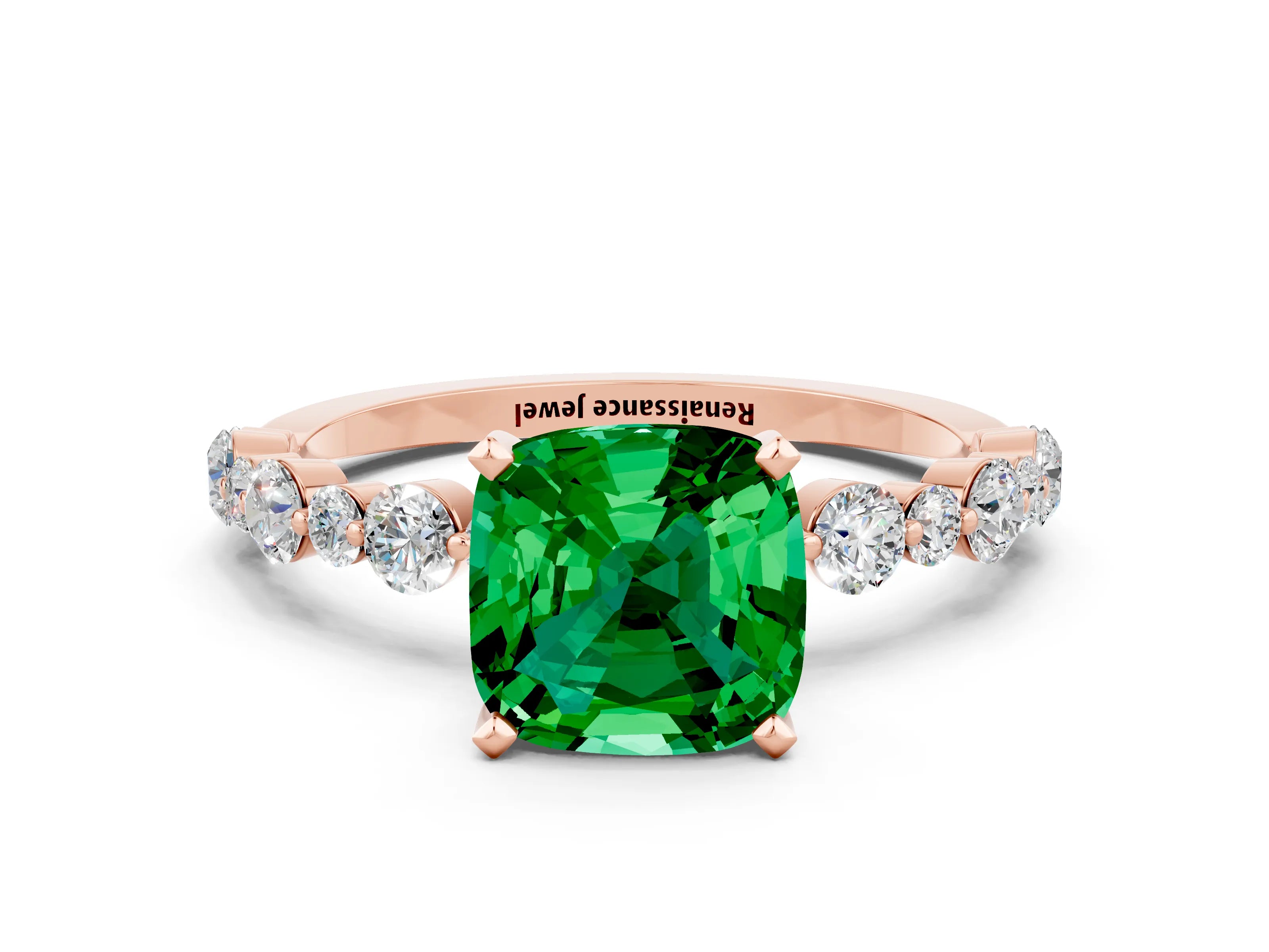 Rose gold Cushion Cut Emerald Prong Set Engagement Ring with Pavé Band