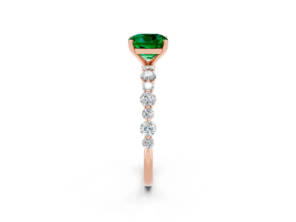 Rose gold Cushion Cut Emerald Prong Set Engagement Ring with Pavé Band