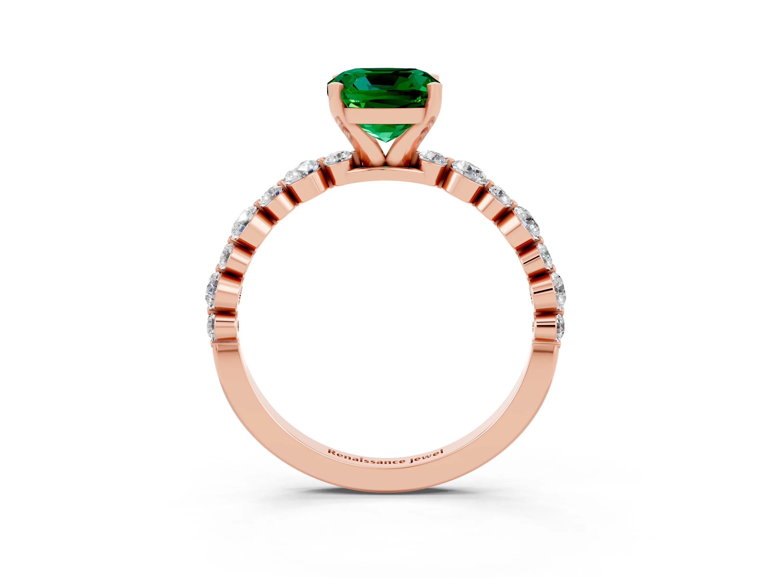Rose gold Cushion Cut Emerald Prong Set Engagement Ring with Pavé Band_3