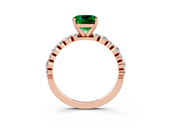 Rose gold Cushion Cut Emerald Prong Set Engagement Ring with Pavé Band