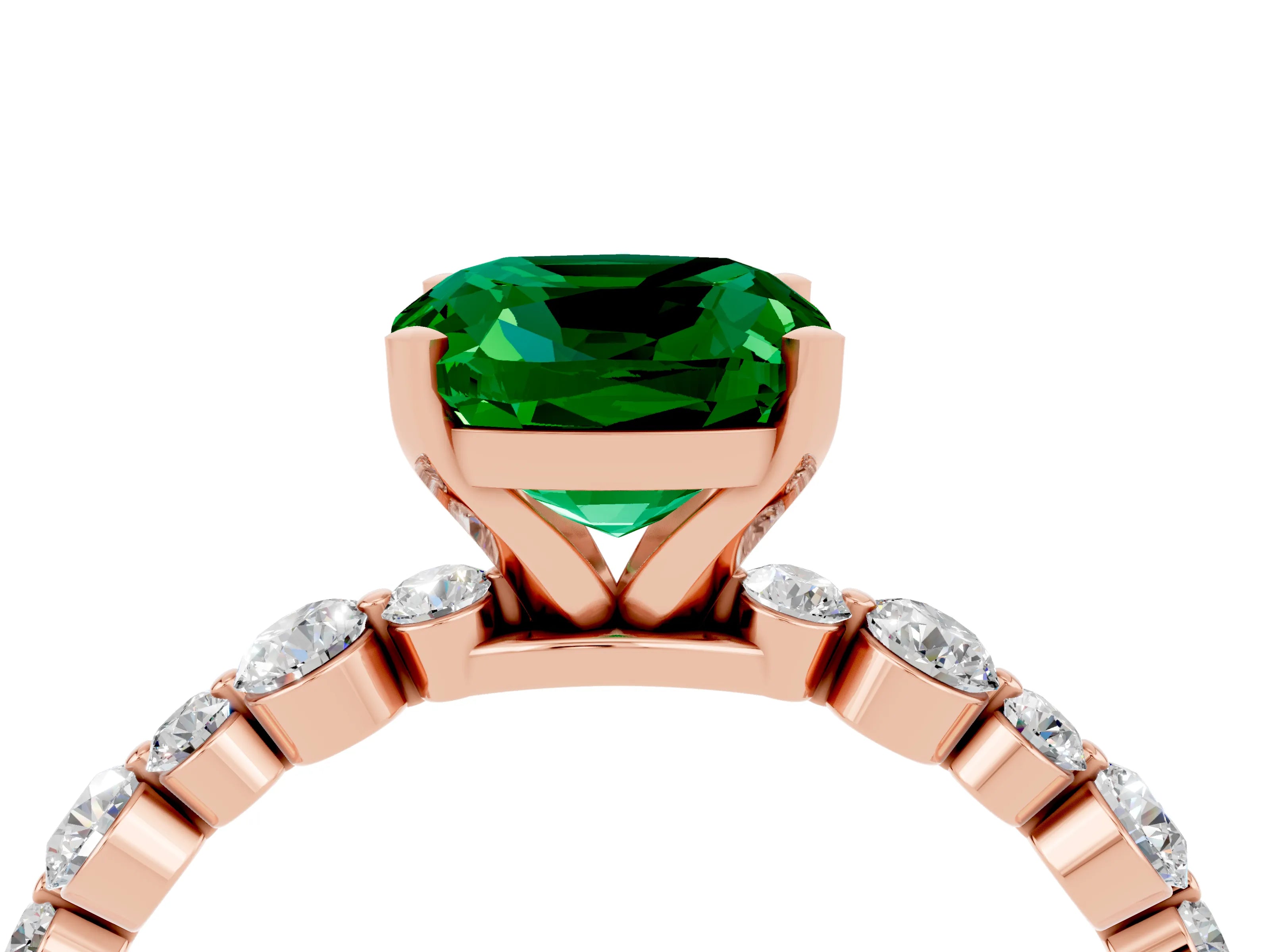 Rose gold Cushion Cut Emerald Prong Set Engagement Ring with Pavé Band_4
