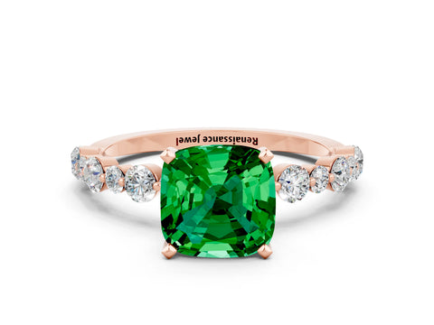 Rose gold Cushion Cut Emerald Prong Set Engagement Ring with Pavé Band