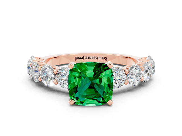 Rose gold Cushion Cut Emerald Prong Setting with Side Stones on a Pave Band
