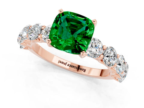 Rose gold Cushion Cut Emerald Prong Setting with Side Stones on a Pave Band_1
