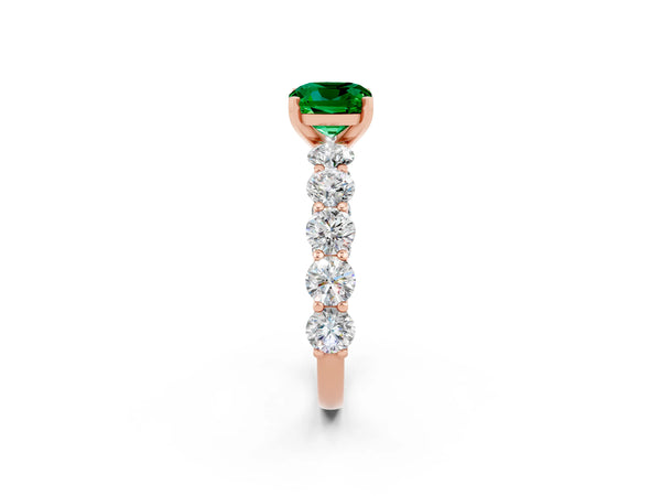 Rose gold Cushion Cut Emerald Prong Setting with Side Stones on a Pave Band