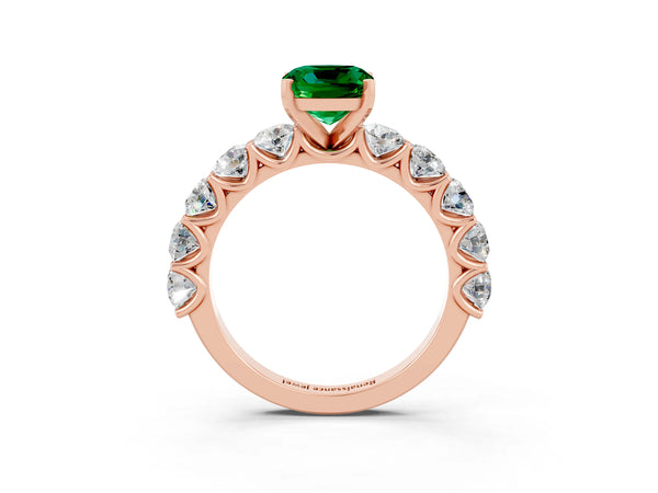 Rose gold Cushion Cut Emerald Prong Setting with Side Stones on a Pave Band