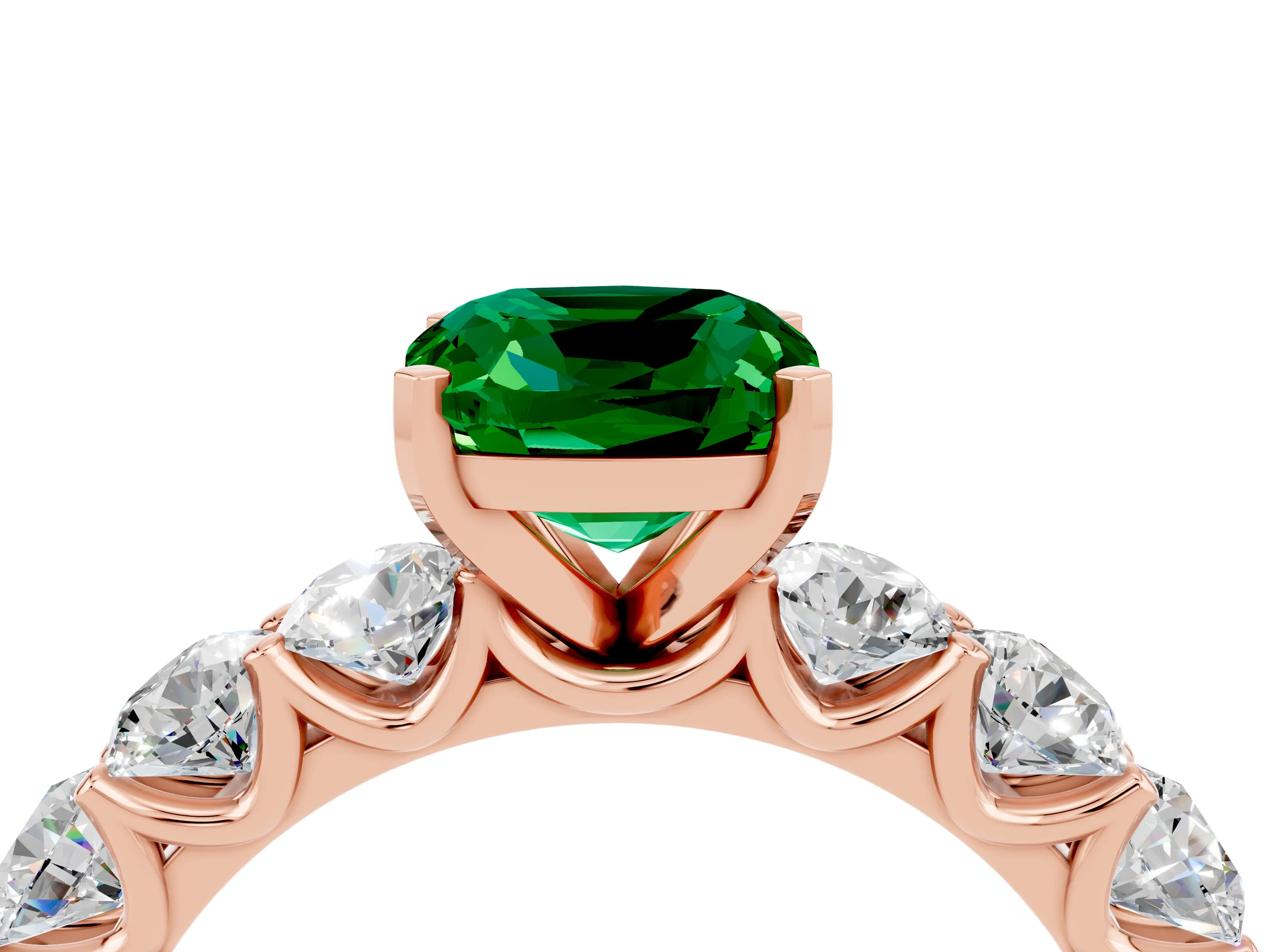Rose gold Cushion Cut Emerald Prong Setting with Side Stones on a Pave Band_4