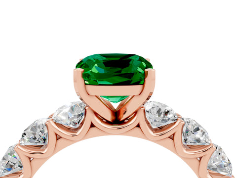 Rose gold Cushion Cut Emerald Prong Setting with Side Stones on a Pave Band_4