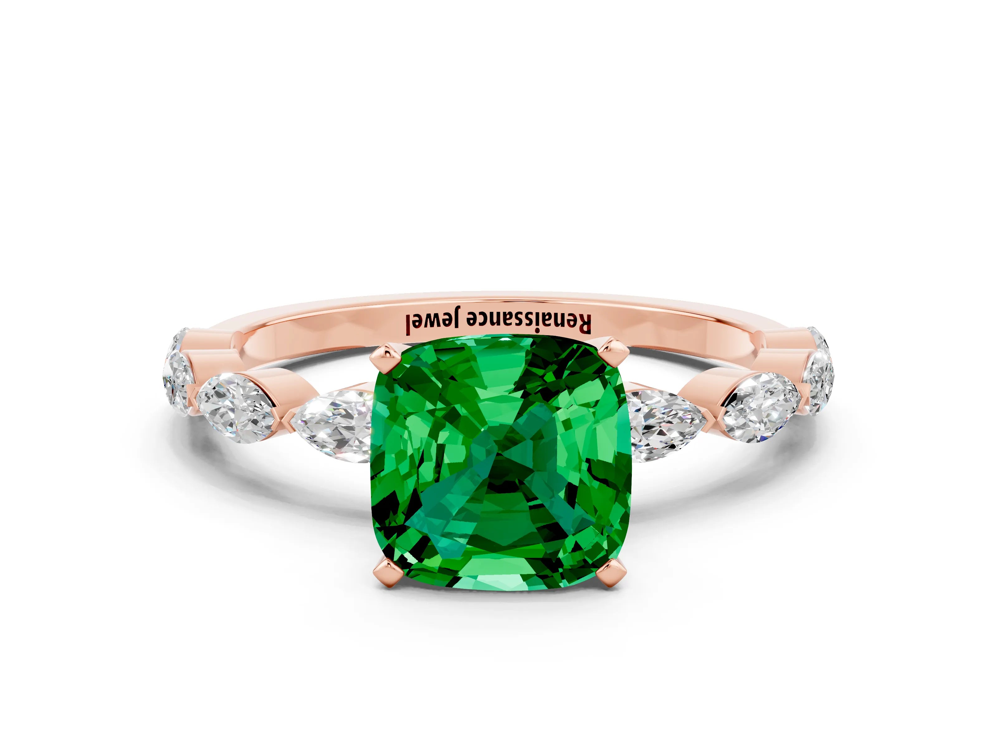 Rose gold Cushion Cut Emerald Ring with Marquise Side Stones and Prong Setting