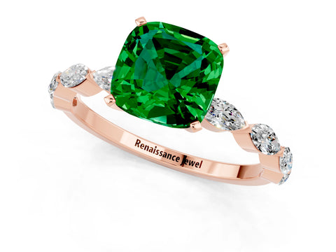 Rose gold Cushion Cut Emerald Ring with Marquise Side Stones and Prong Setting_1