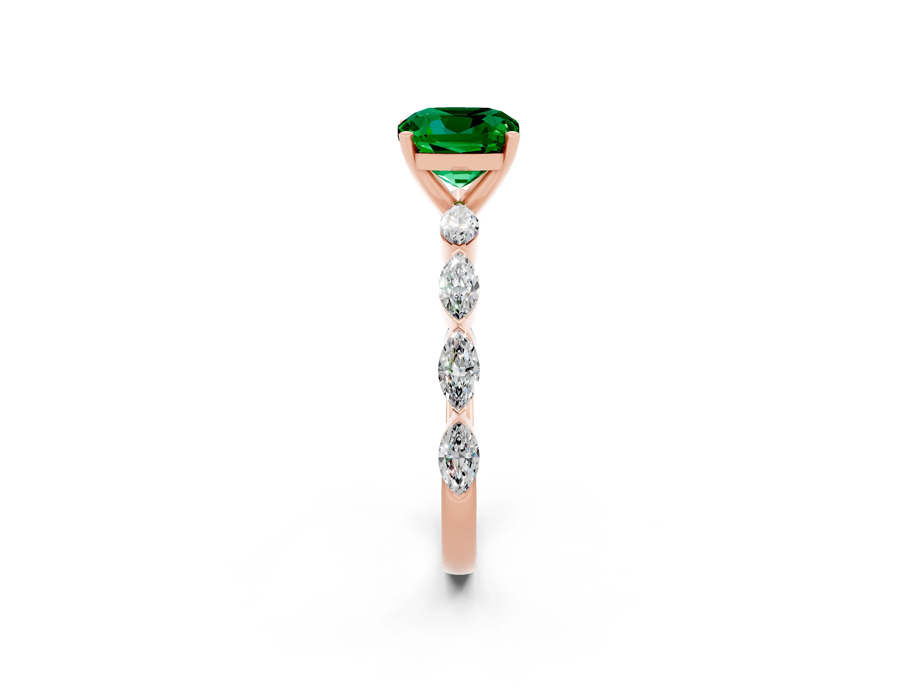 Rose gold Cushion Cut Emerald Ring with Marquise Side Stones and Prong Setting_2