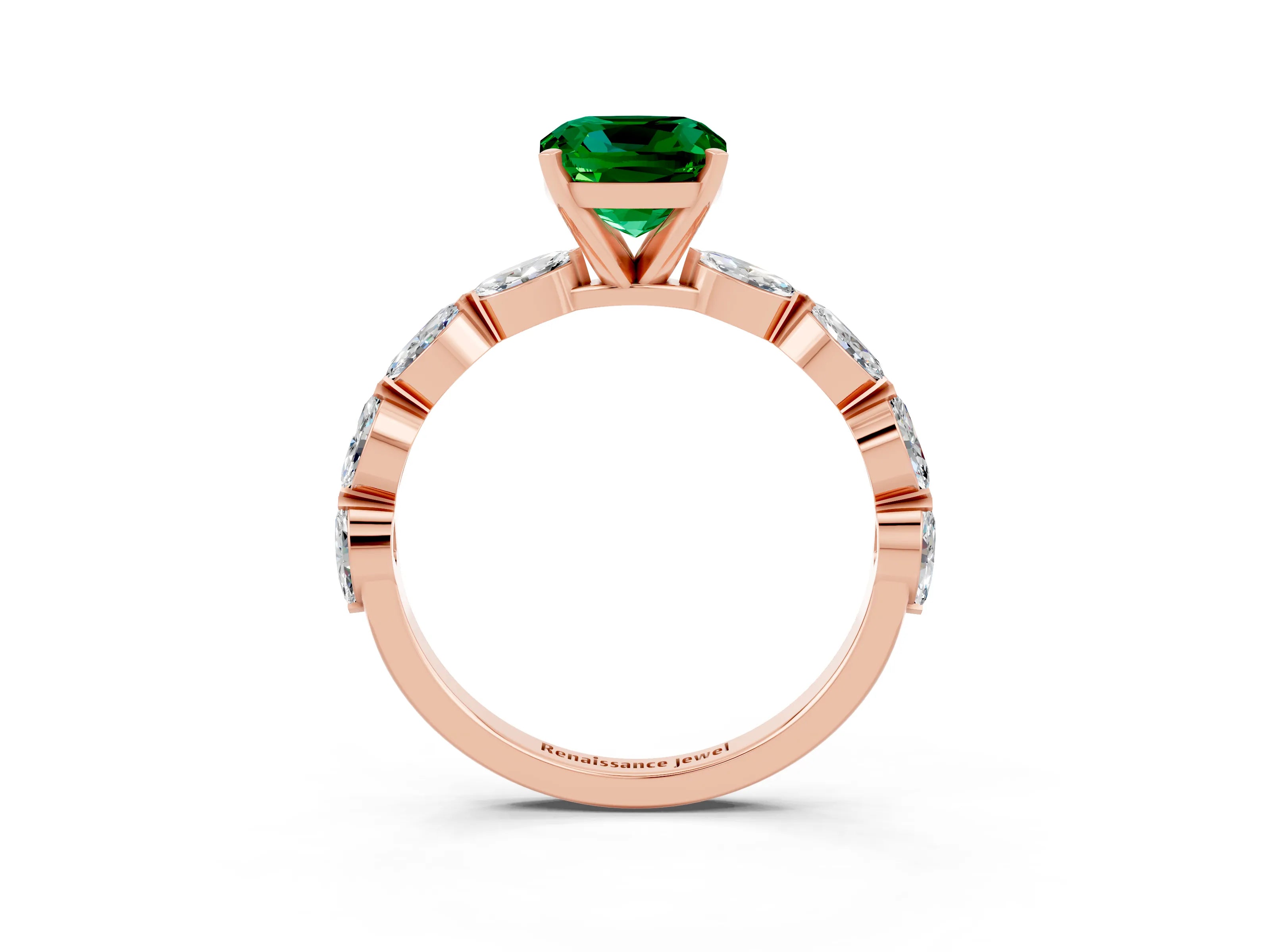 Rose gold Cushion Cut Emerald Ring with Marquise Side Stones and Prong Setting_3