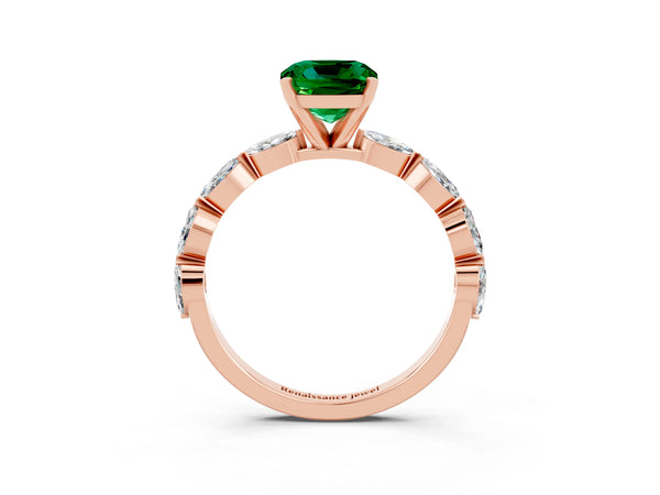 Rose gold Cushion Cut Emerald Ring with Marquise Side Stones and Prong Setting