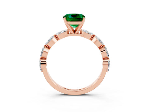 Rose gold Cushion Cut Emerald Ring with Marquise Side Stones and Prong Setting_3