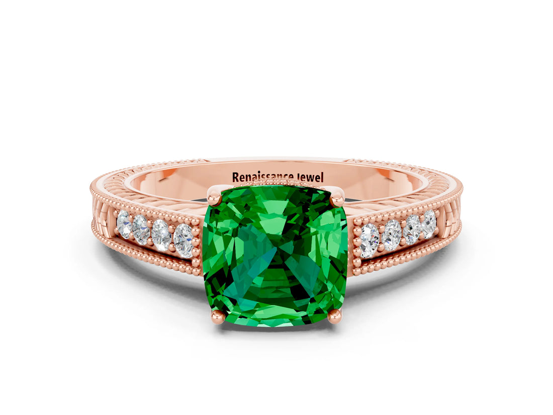Rose gold Cushion Cut Emerald Ring with Milgrain Pavé Band and Four-Prong Setting_12