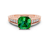 Rose gold Cushion Cut Emerald Ring with Milgrain Pavé Band and Four-Prong Setting_12