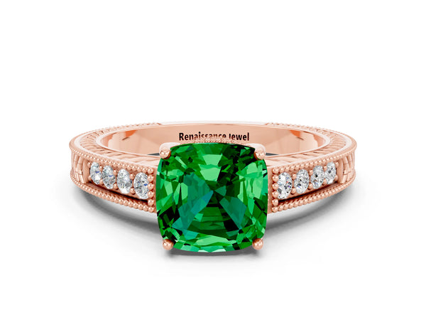 Rose gold Cushion Cut Emerald Ring with Milgrain Pavé Band and Four-Prong Setting
