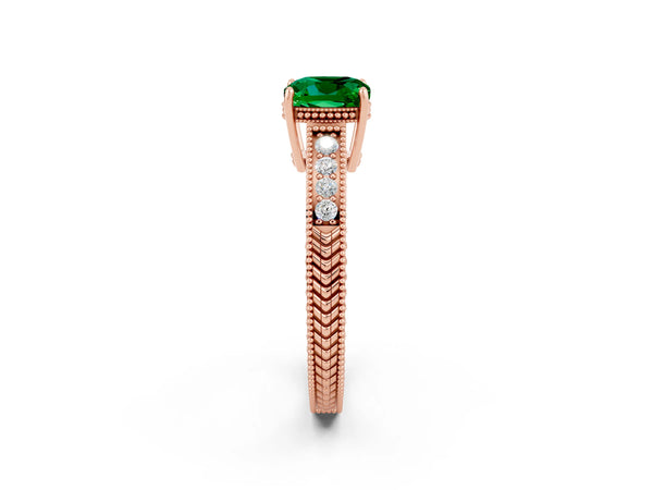 Rose gold Cushion Cut Emerald Ring with Milgrain Pavé Band and Four-Prong Setting