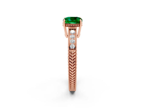 Rose gold Cushion Cut Emerald Ring with Milgrain Pavé Band and Four-Prong Setting_14